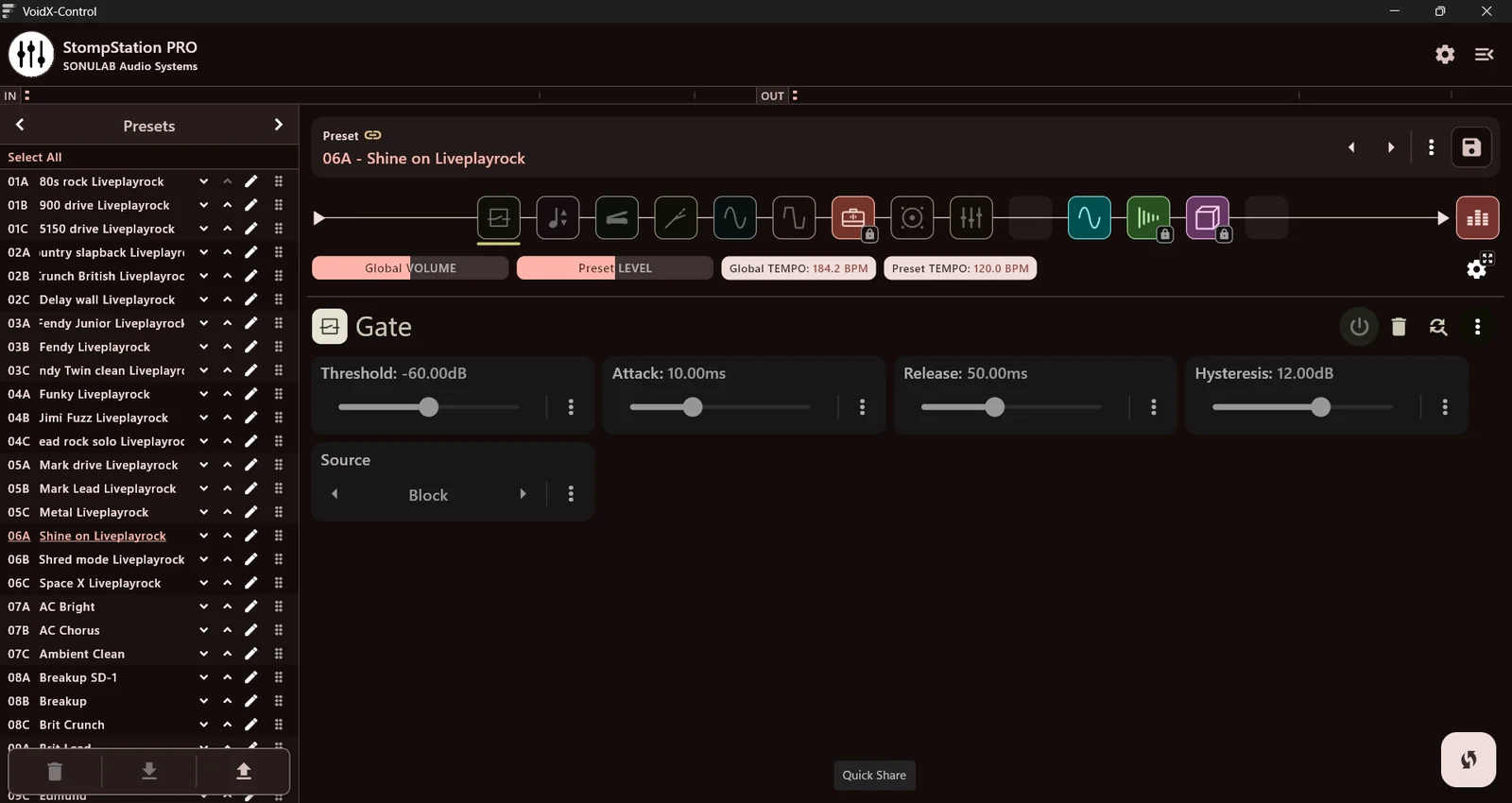 VoidX-Control desktop app with preset browser, complete signal chain and Gate controls