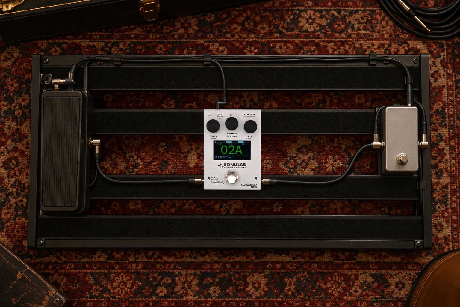 StompStation CORE on a pedalboard, with low side audio connections and a top DC power connector.